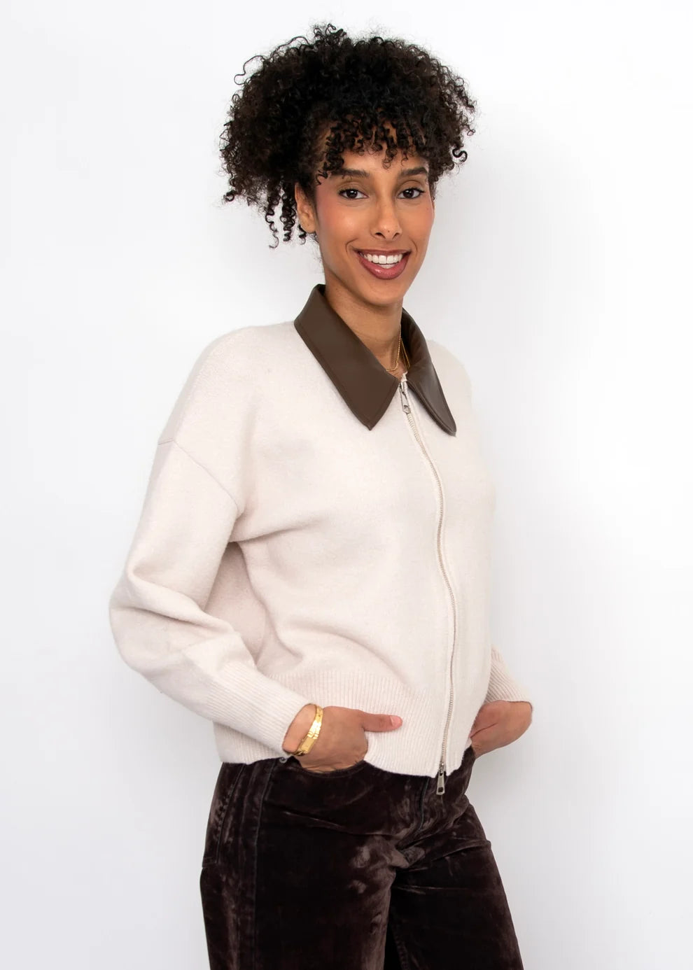 Oia Long Sleeve Leather Neck Cardigan
