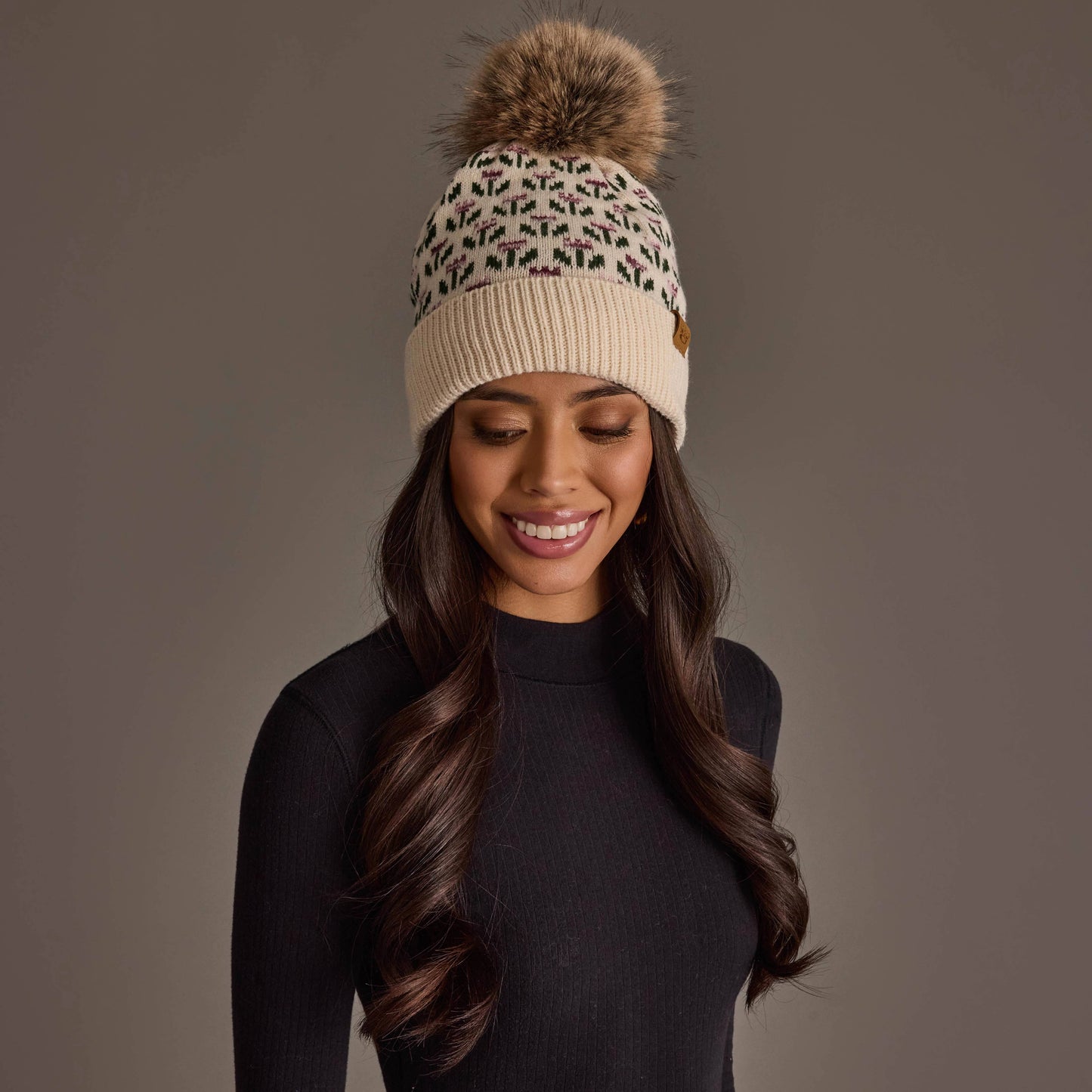 Cream Small Floral Pattern Pom Hat