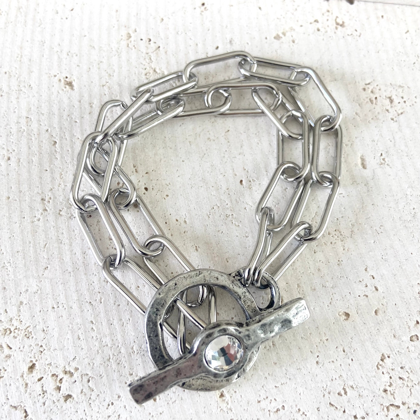 Hand Casted Crystal Toggle Bracelet - Silver