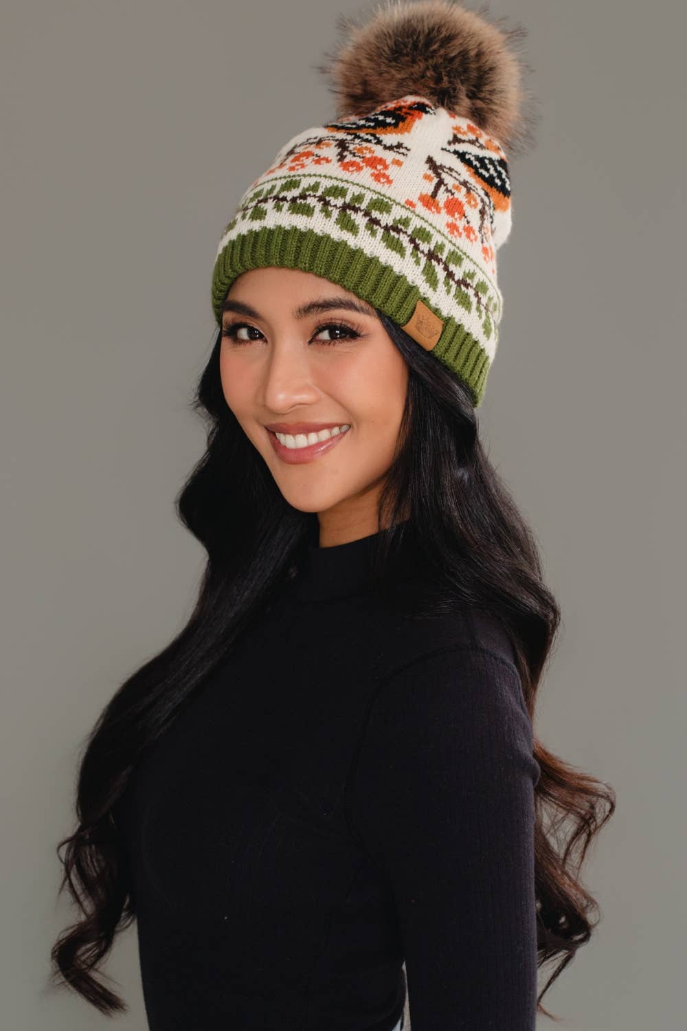 Olive & Cream Bird Pattern Knit Pom Hat