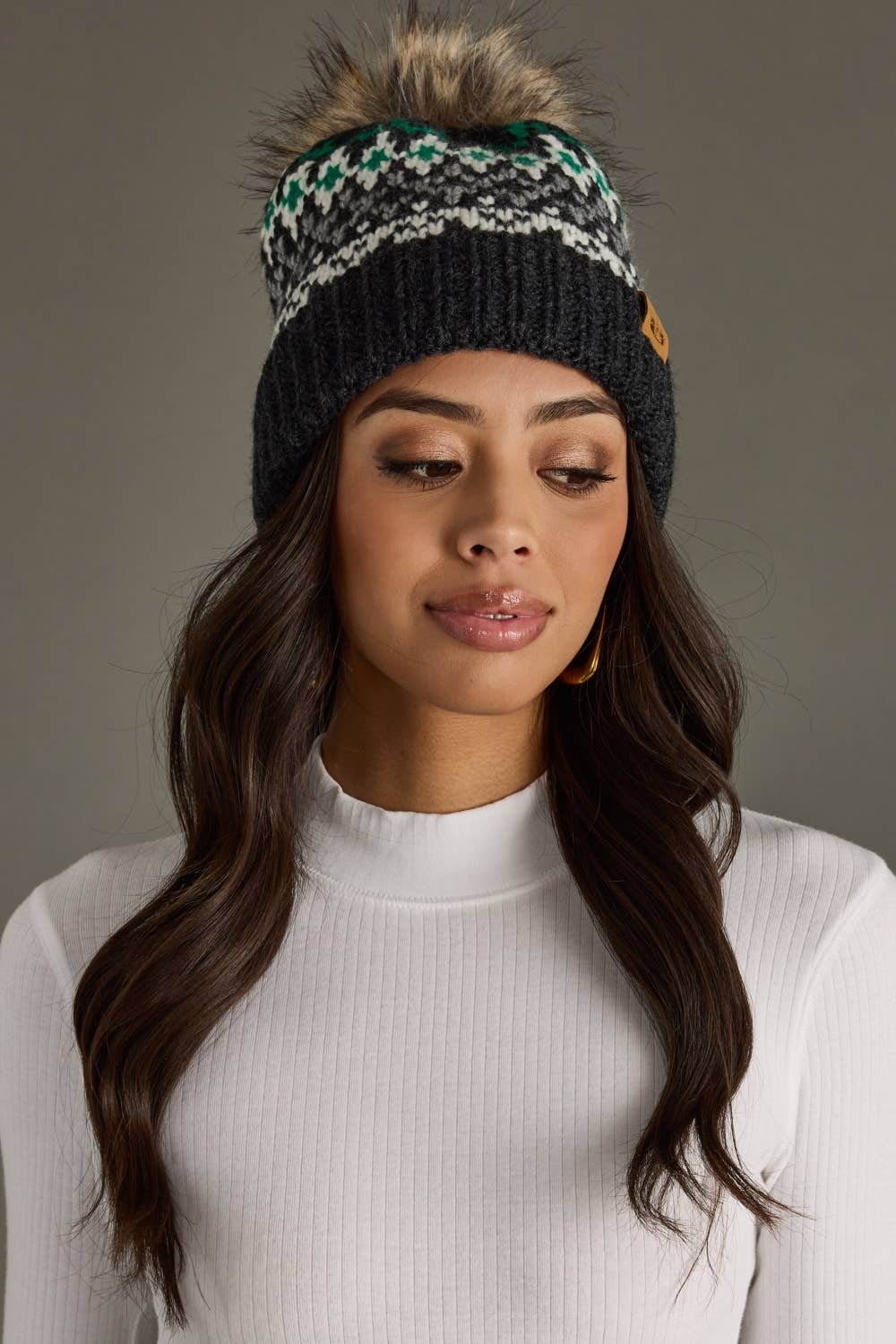 Gray, White & Green Winter Pattern Pom Hat
