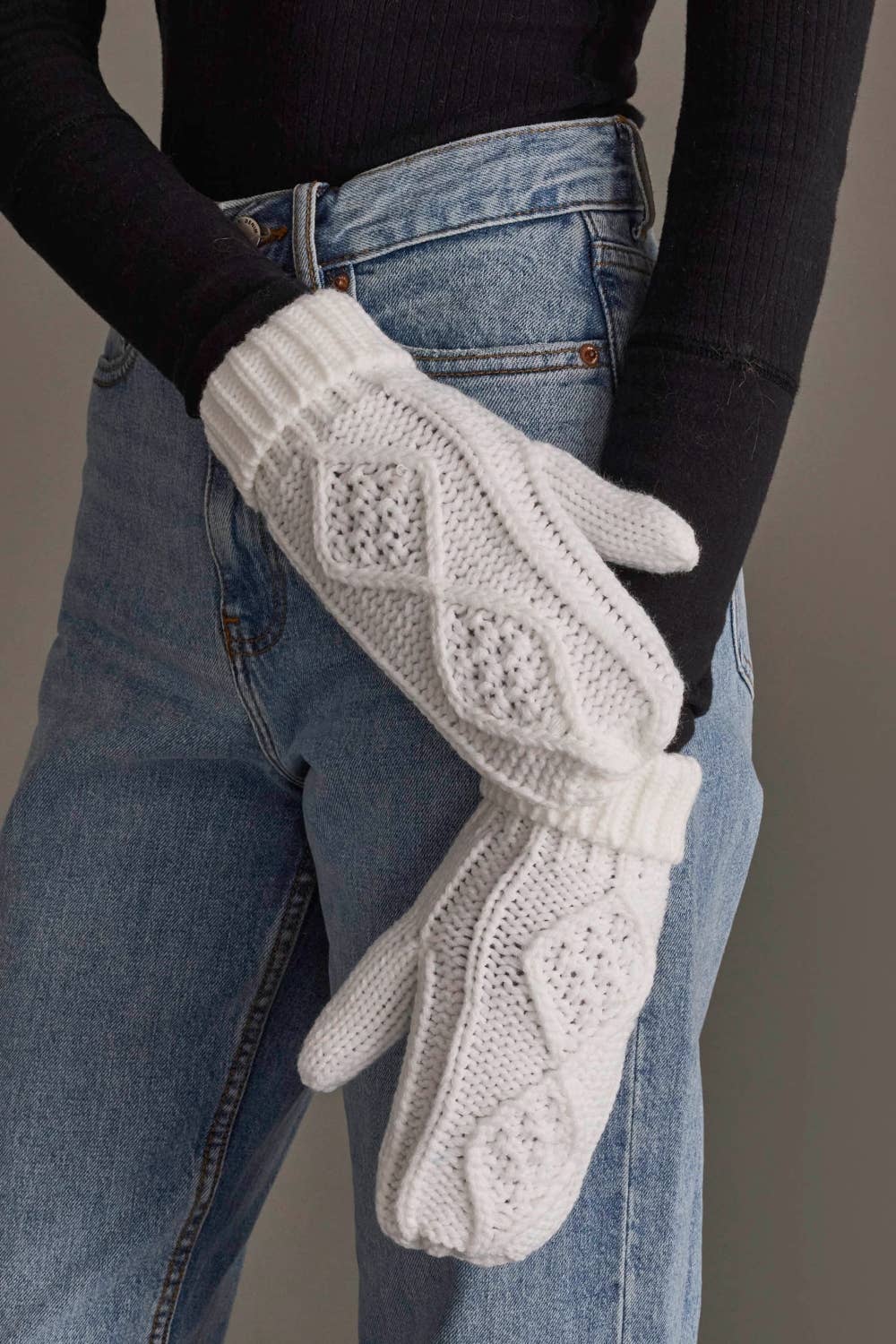 White Cable Knit Mittens