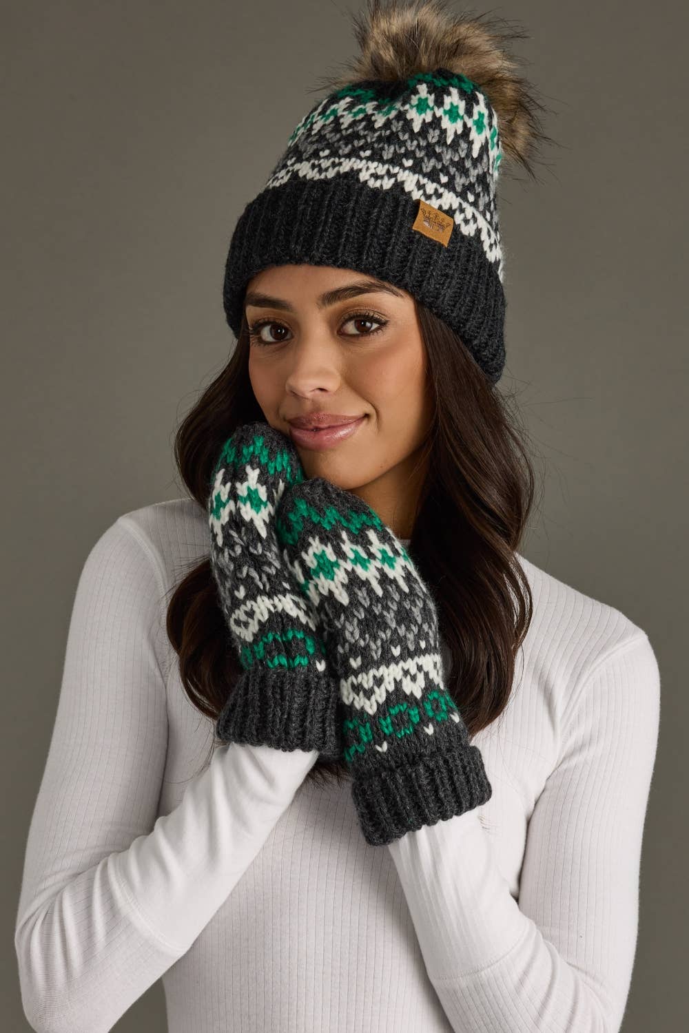 Gray, White & Green Winter Pattern Pom Hat