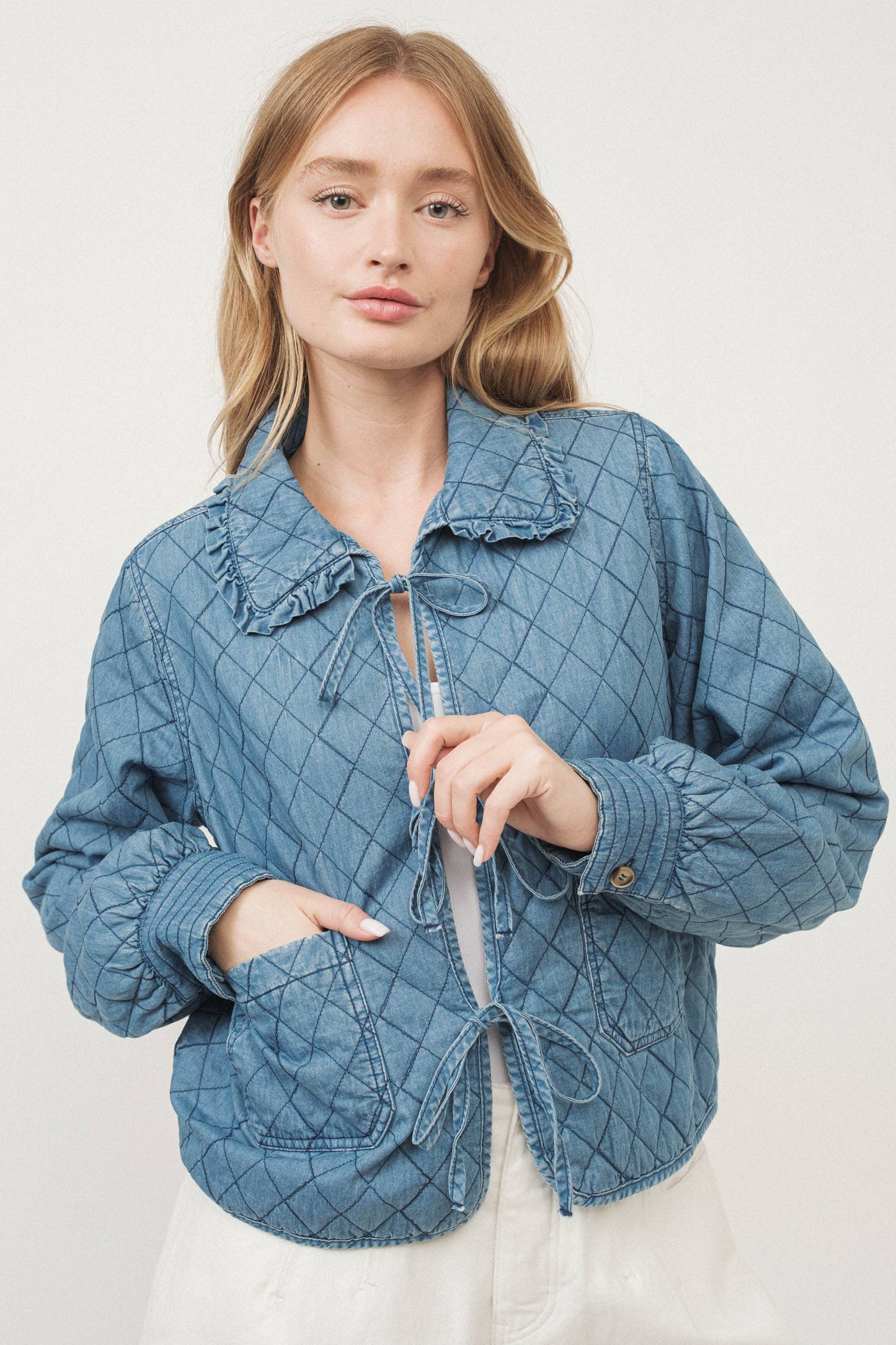 DENIM QUILTED JACKET WITH BOWS