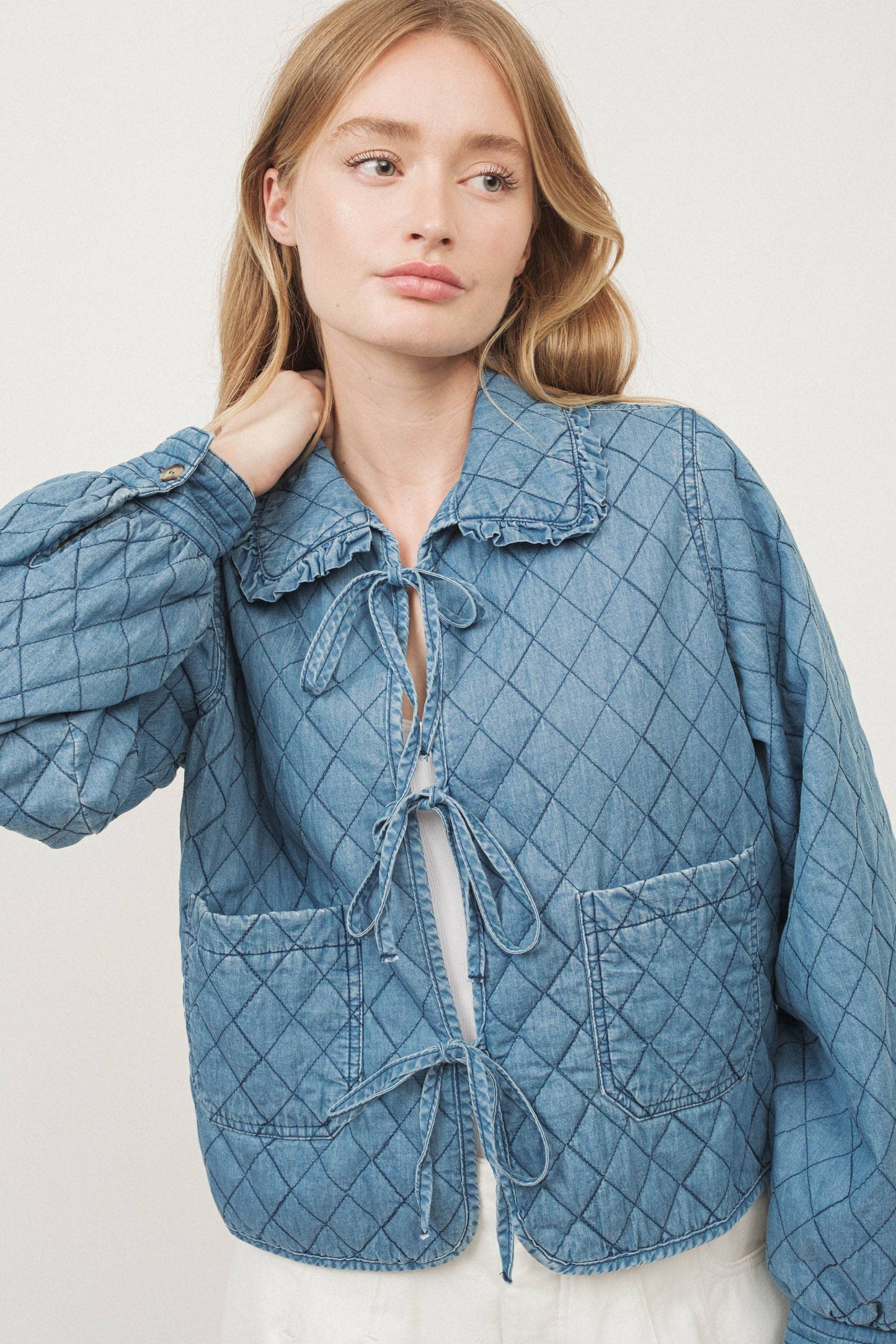 DENIM QUILTED JACKET WITH BOWS