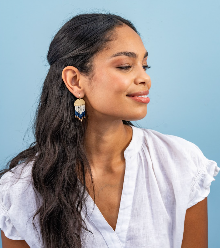 Claudia Curved Pattern Fringe Earrings - Navy