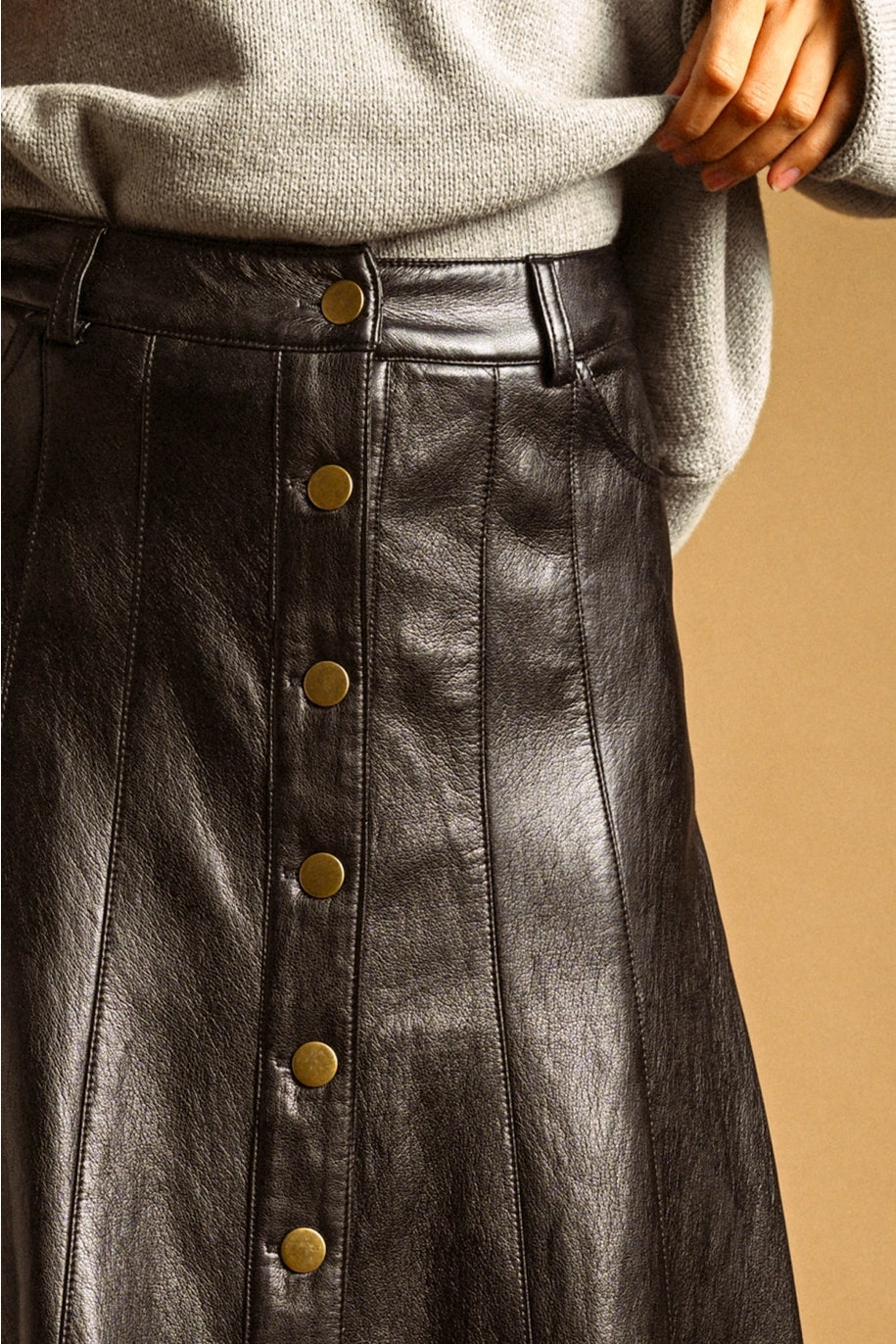 Button Front Faux Leather Skirt
