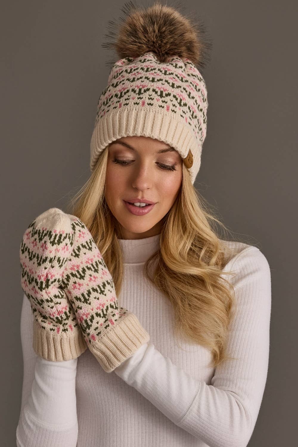 Cream & Pink Floral Pattern Mittens