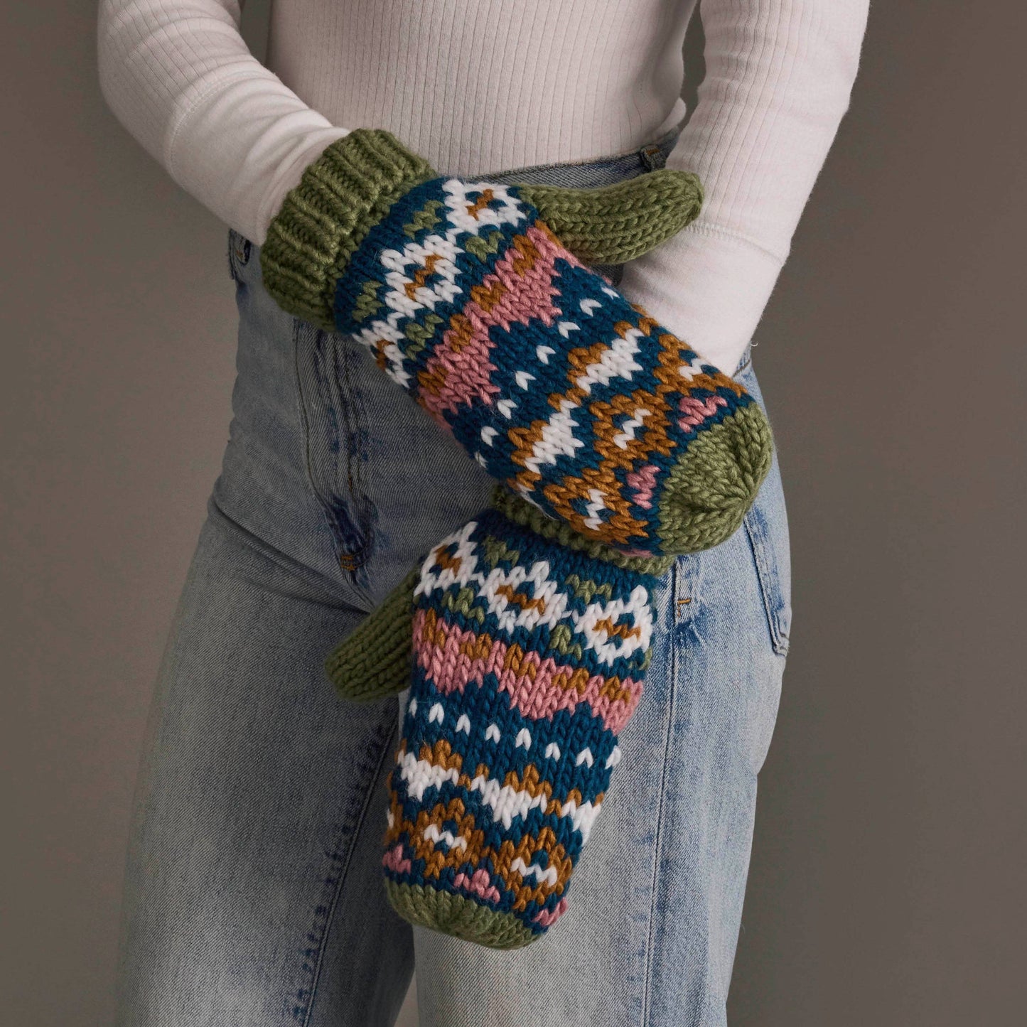 Green, Blue, Pink & Brown Patterned Mittens