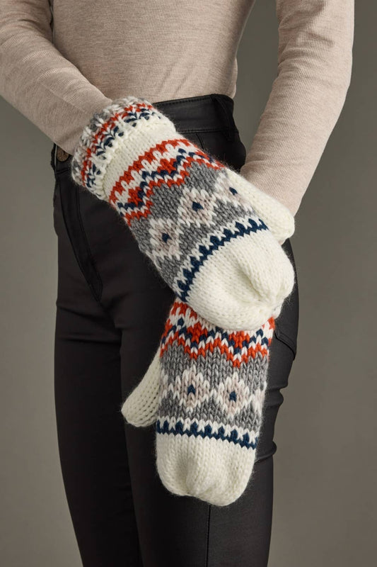 White, Navy & Orange Pattern Mittens