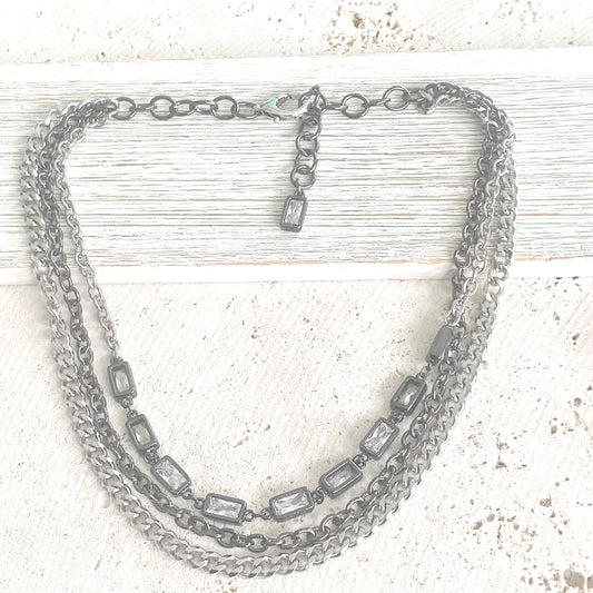 Mixed Metal Edgy Glam Necklace - Silver Tones