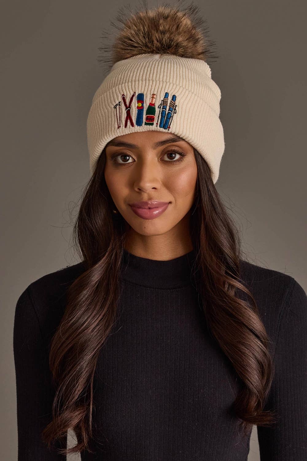 Beige Ski Embroidered Pom Hat