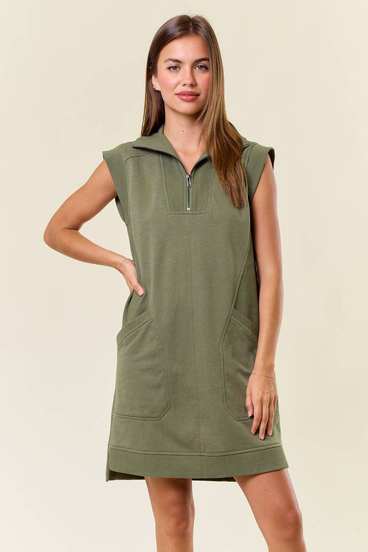 ZIP-FRONT CAP SLEEVE MINI DRESS