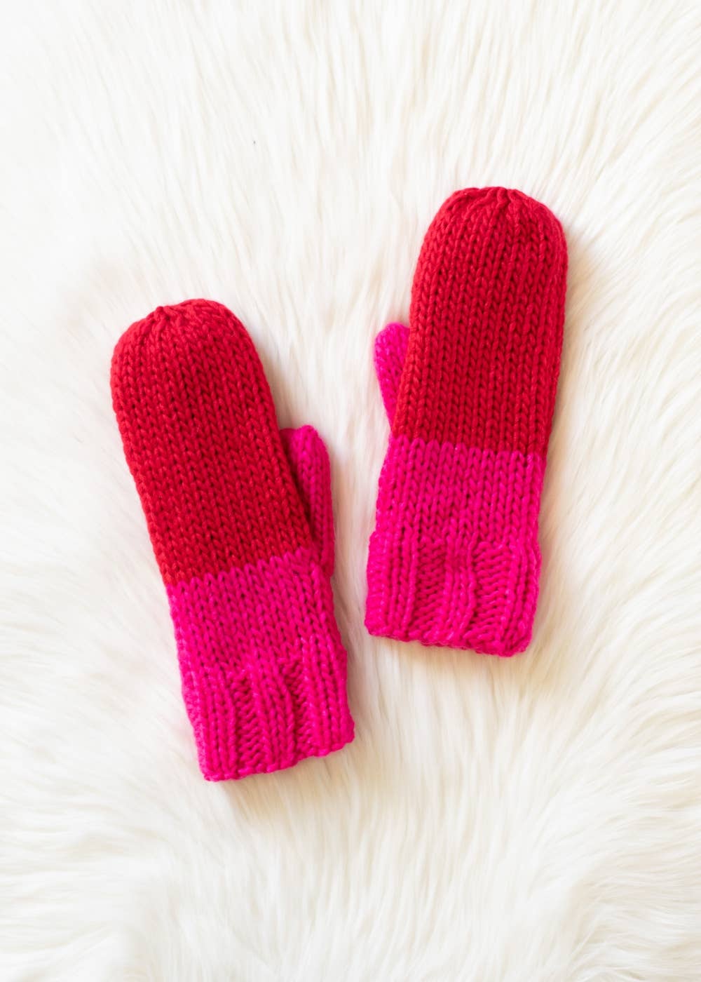 Red & Pink Color Block Knit Mittens