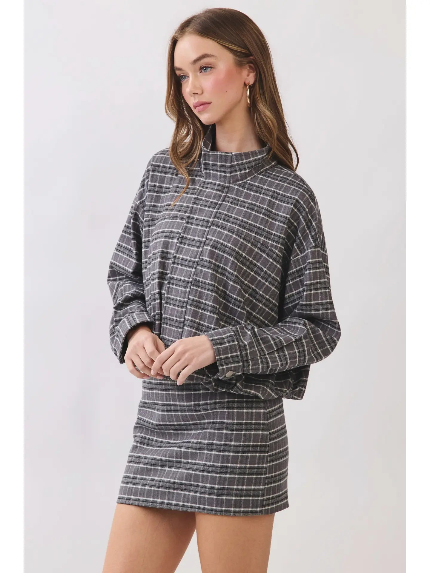 Plaid Zip & Button Closure Bomber Jacket