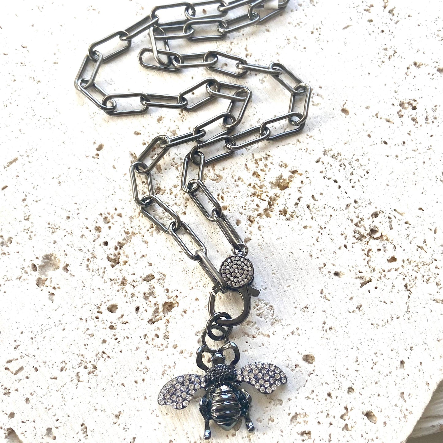 GUNMETAL CRYSTAL BEE NECKLACE