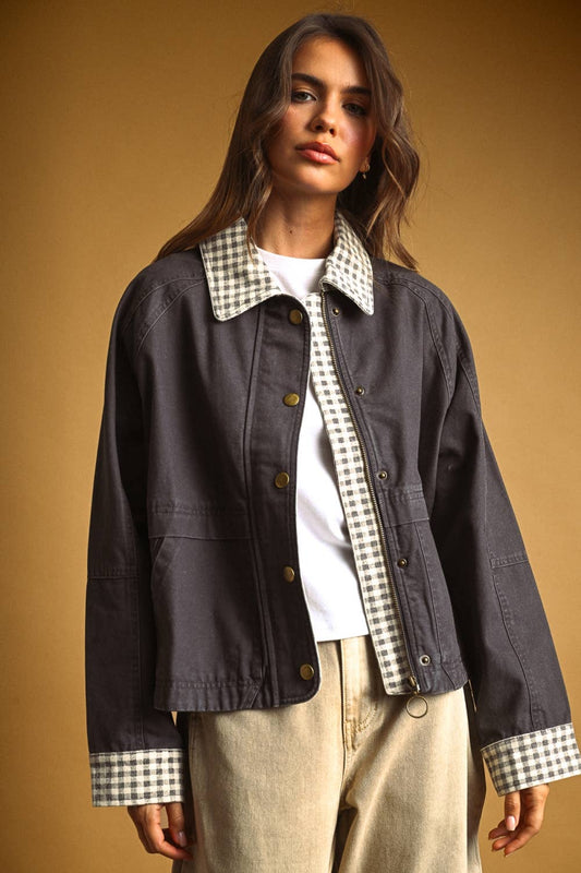 Gingham Collared Twill Jacket