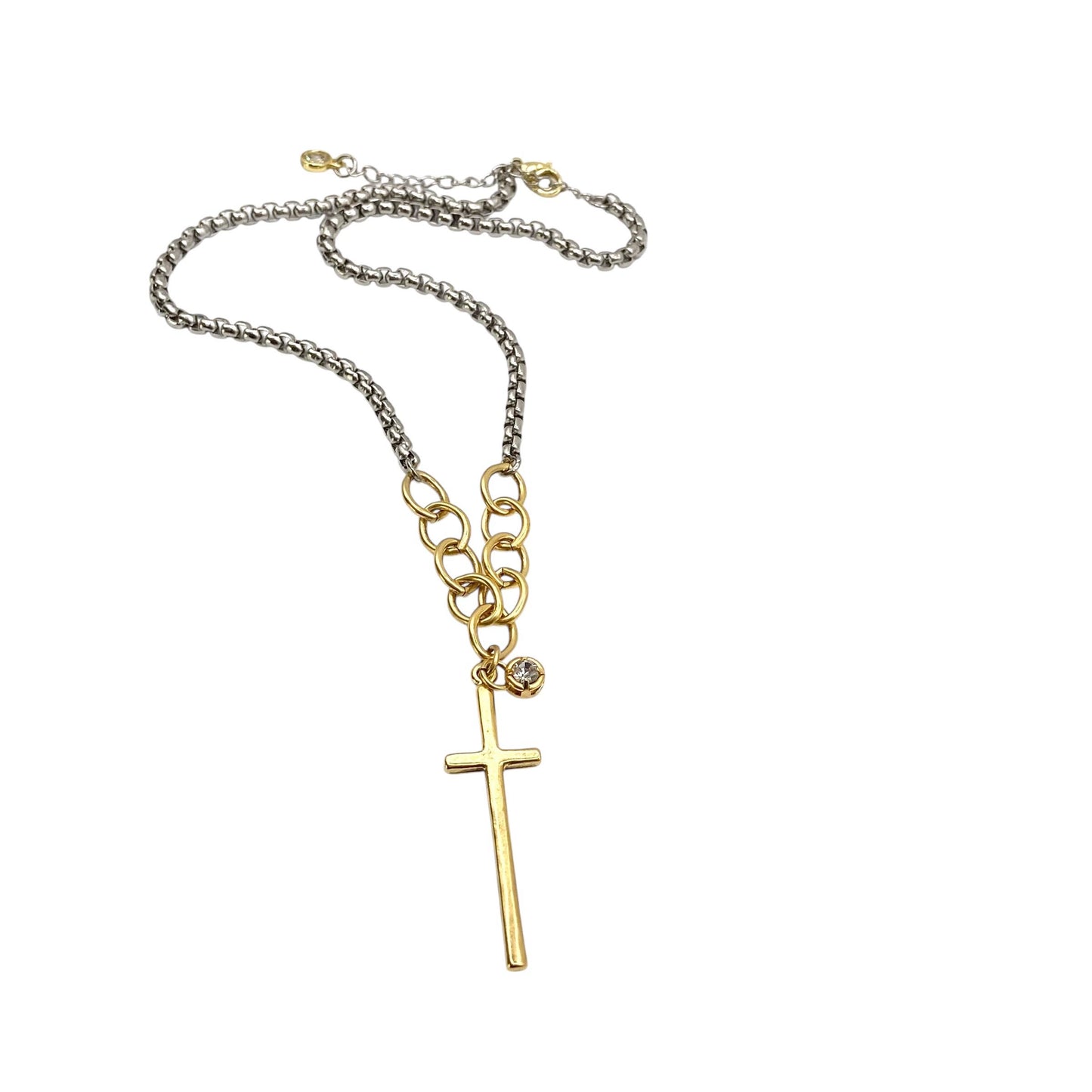 Mixed Metal Cross Necklace With Crystal Accent 
