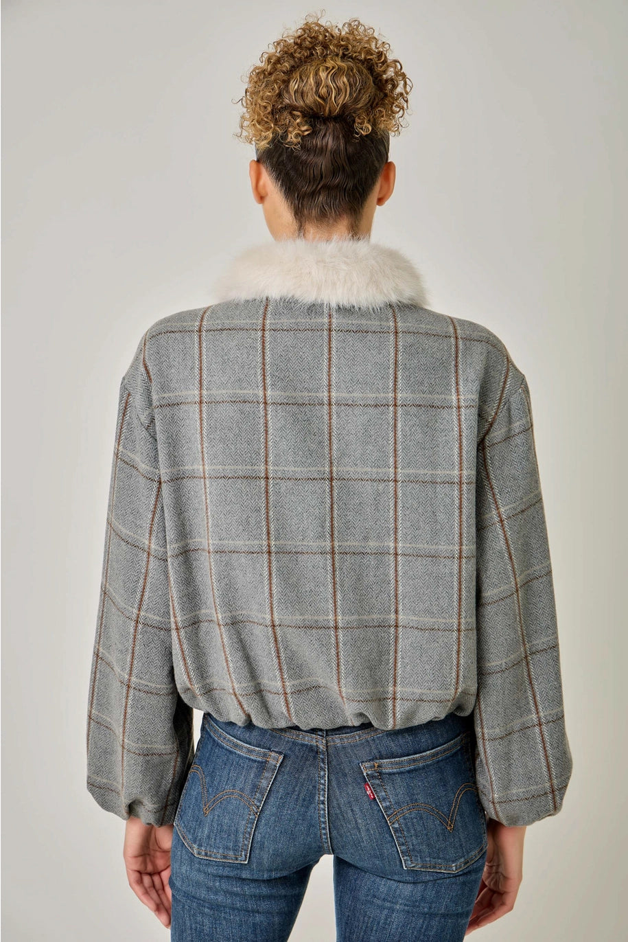 Fur Collared Plaid Bubble Hem Jacket
