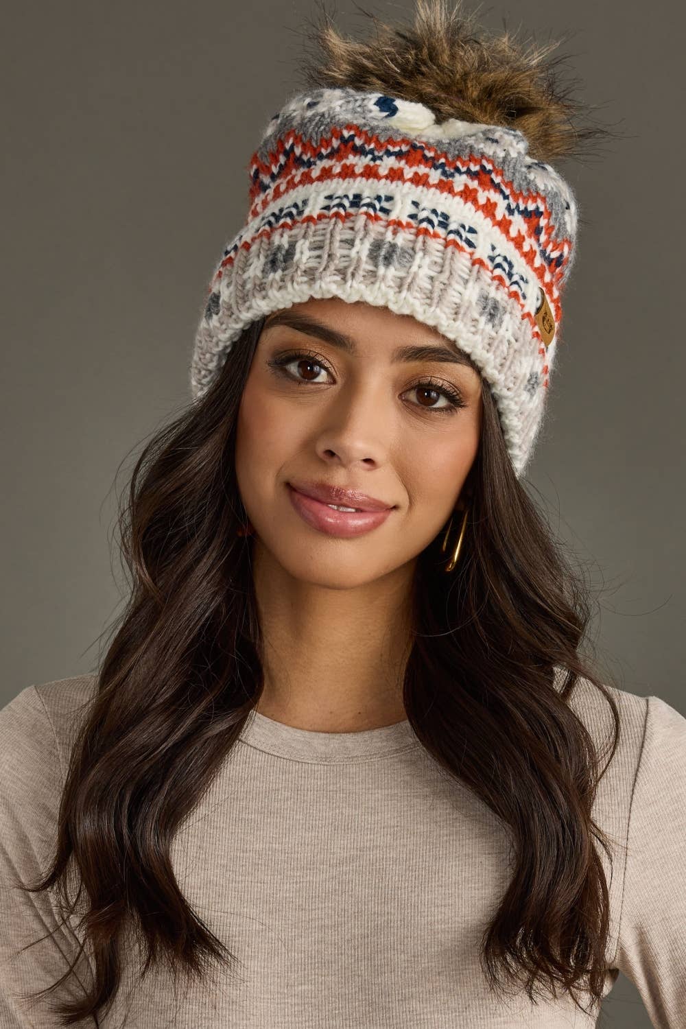 White, Navy & Orange Pattern Pom Hat