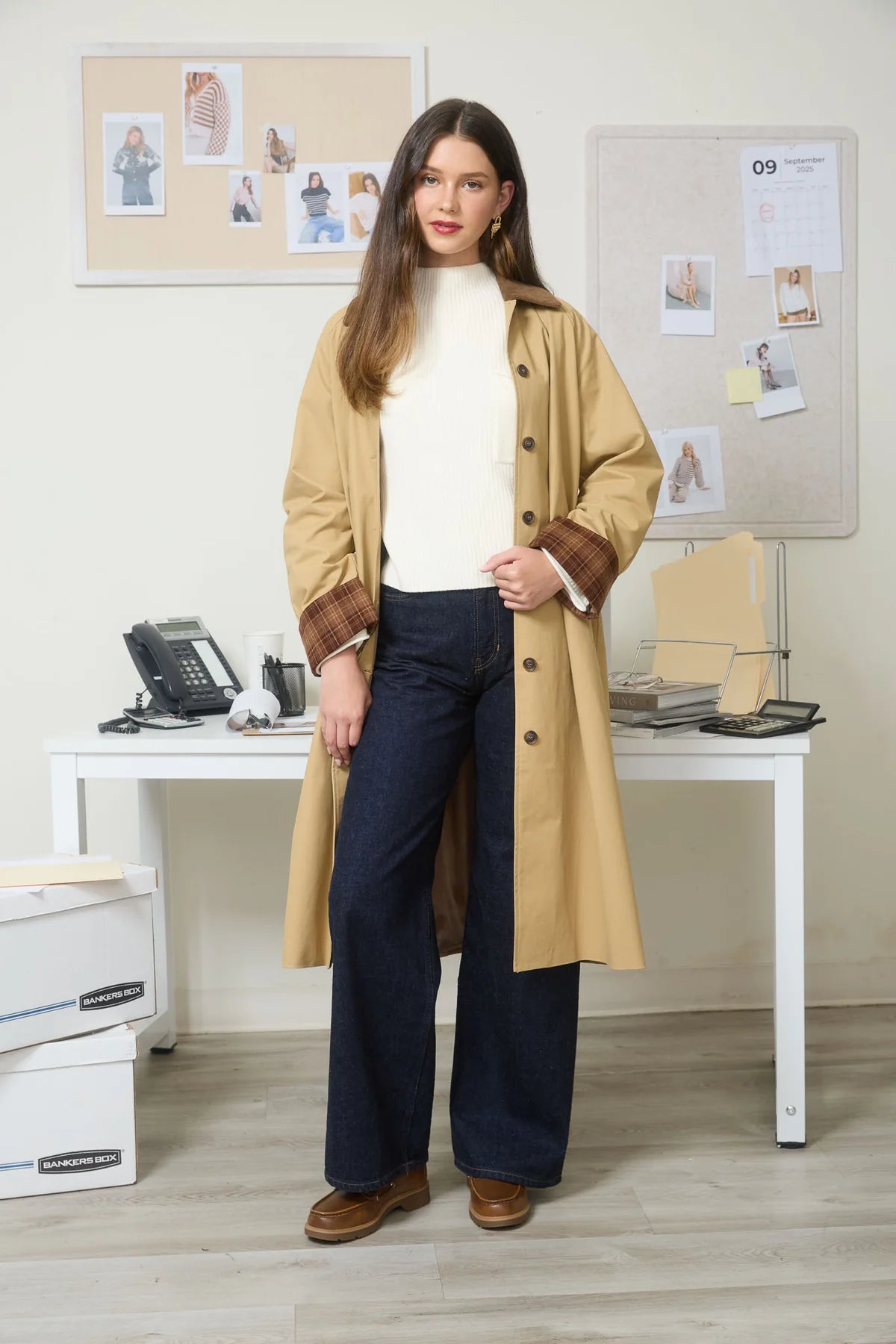 Corduroy Collar Plaid Sleeve Trench Coat