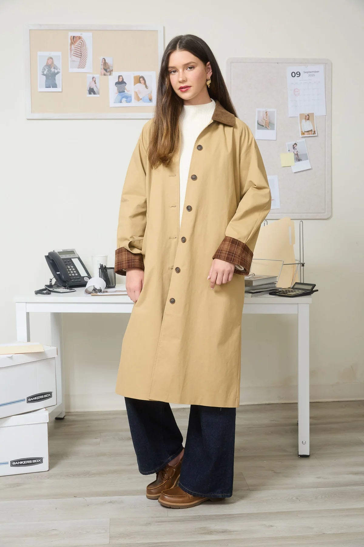 Corduroy Collar Plaid Sleeve Trench Coat
