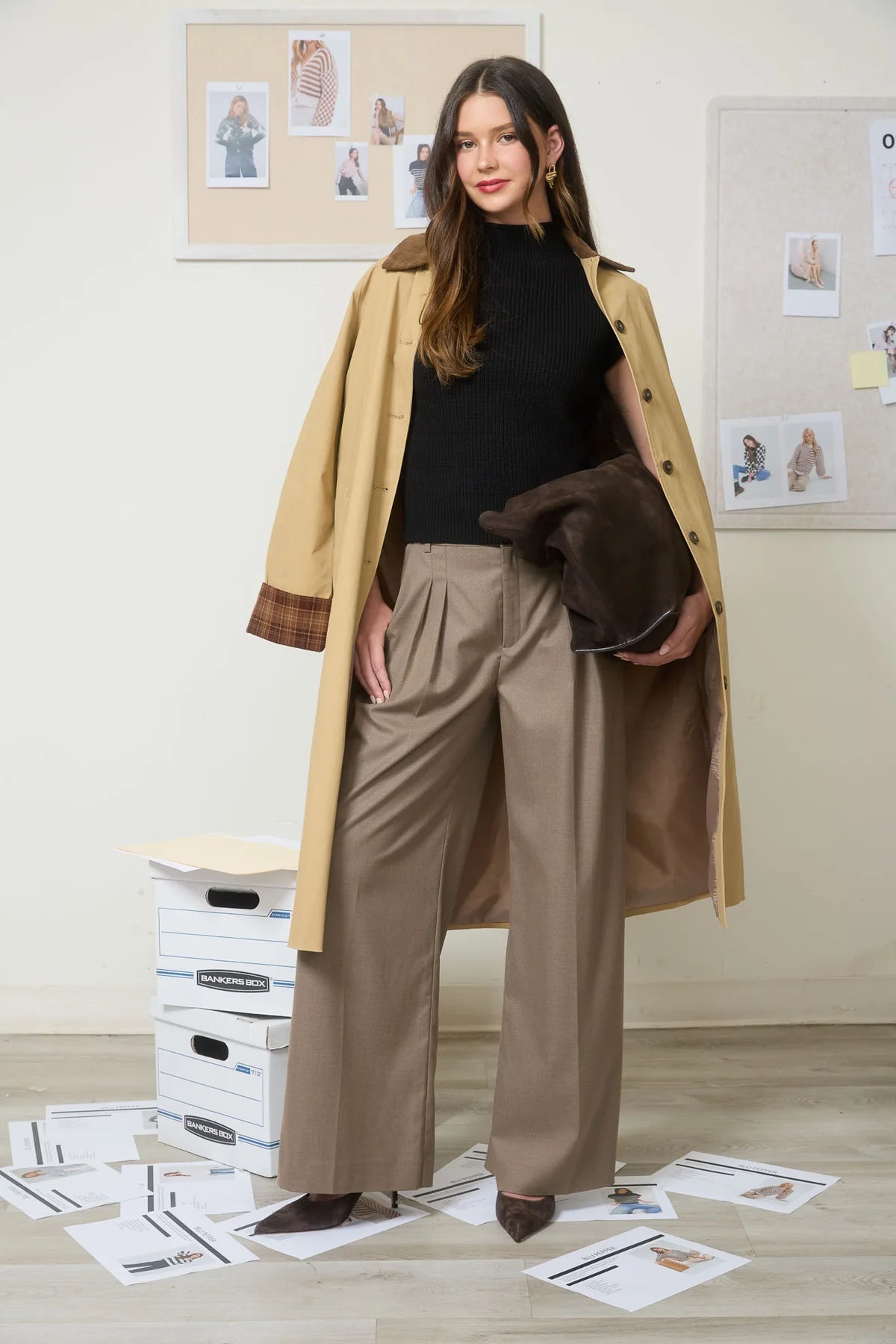 Corduroy Collar Plaid Sleeve Trench Coat