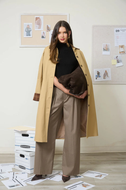 Corduroy Collar Plaid Sleeve Trench Coat