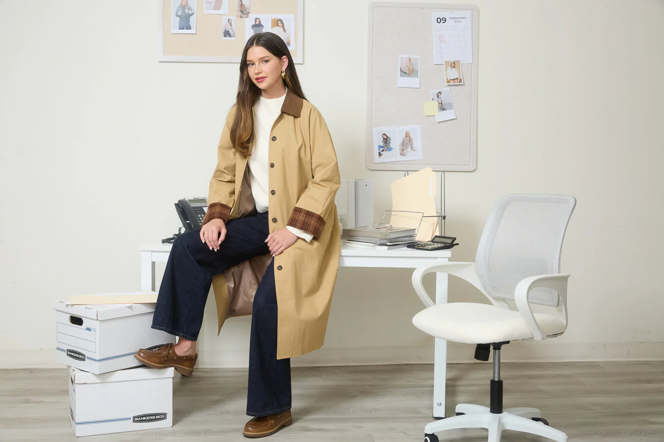 Corduroy Collar Plaid Sleeve Trench Coat