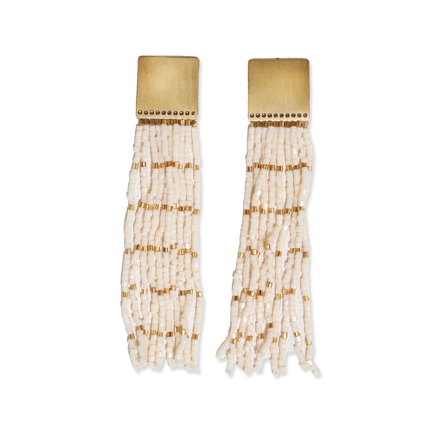 Harlow Brass Top Solid With Gold Stripe Beaded Fringe Earrings