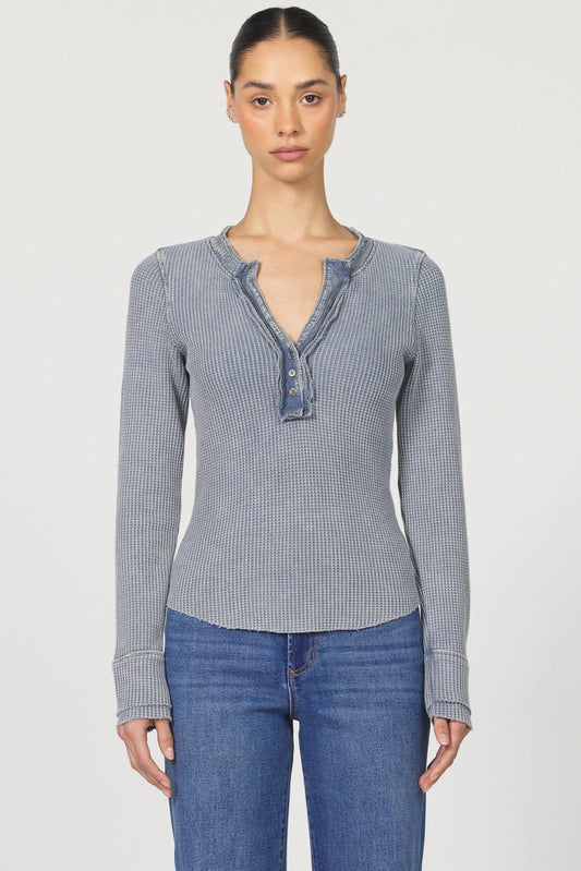 LUNA V-NECK LONG SLEEVE FITTED TOP - VINTAGE INDIGO