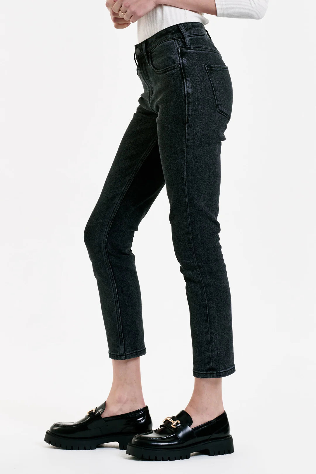BLAIRE HIGH RISE ANKLE SLIM STRAIGHT JEANS WASHED DOWN BLACK