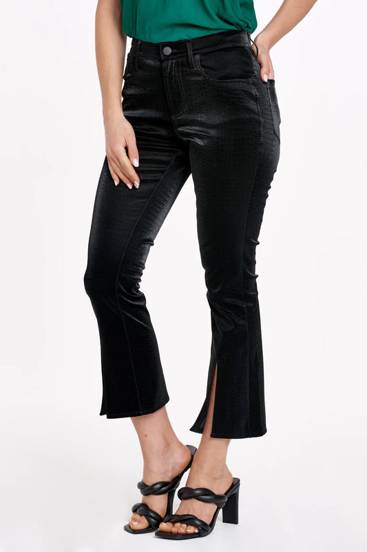 JEANNE SUPER HIGH RISE CROPPED FLARE PANTS BLACK EMBOSSED