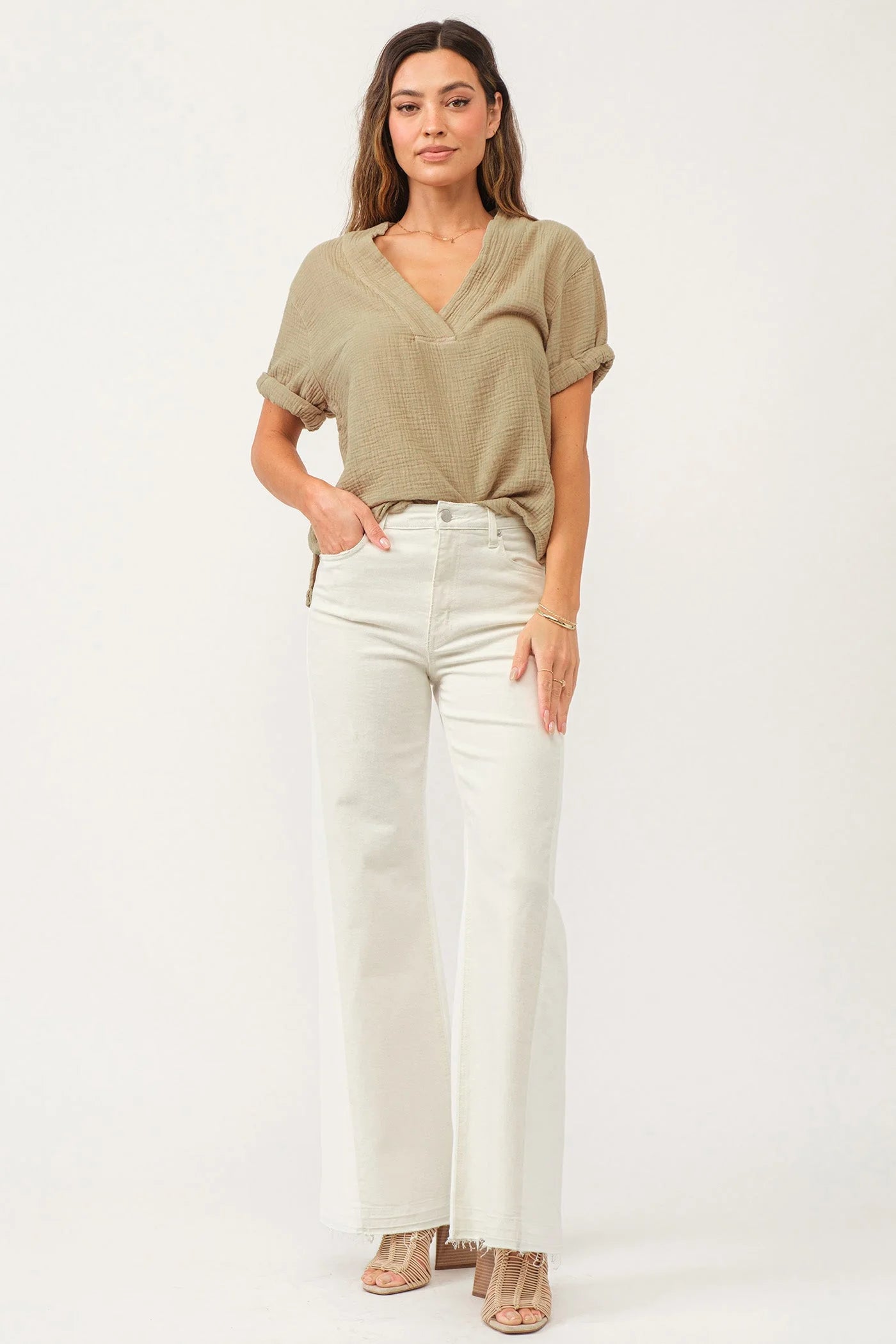 FIONA SUPER HIGH RISE WIDE LEG JEANS WHEAT AND WHITE