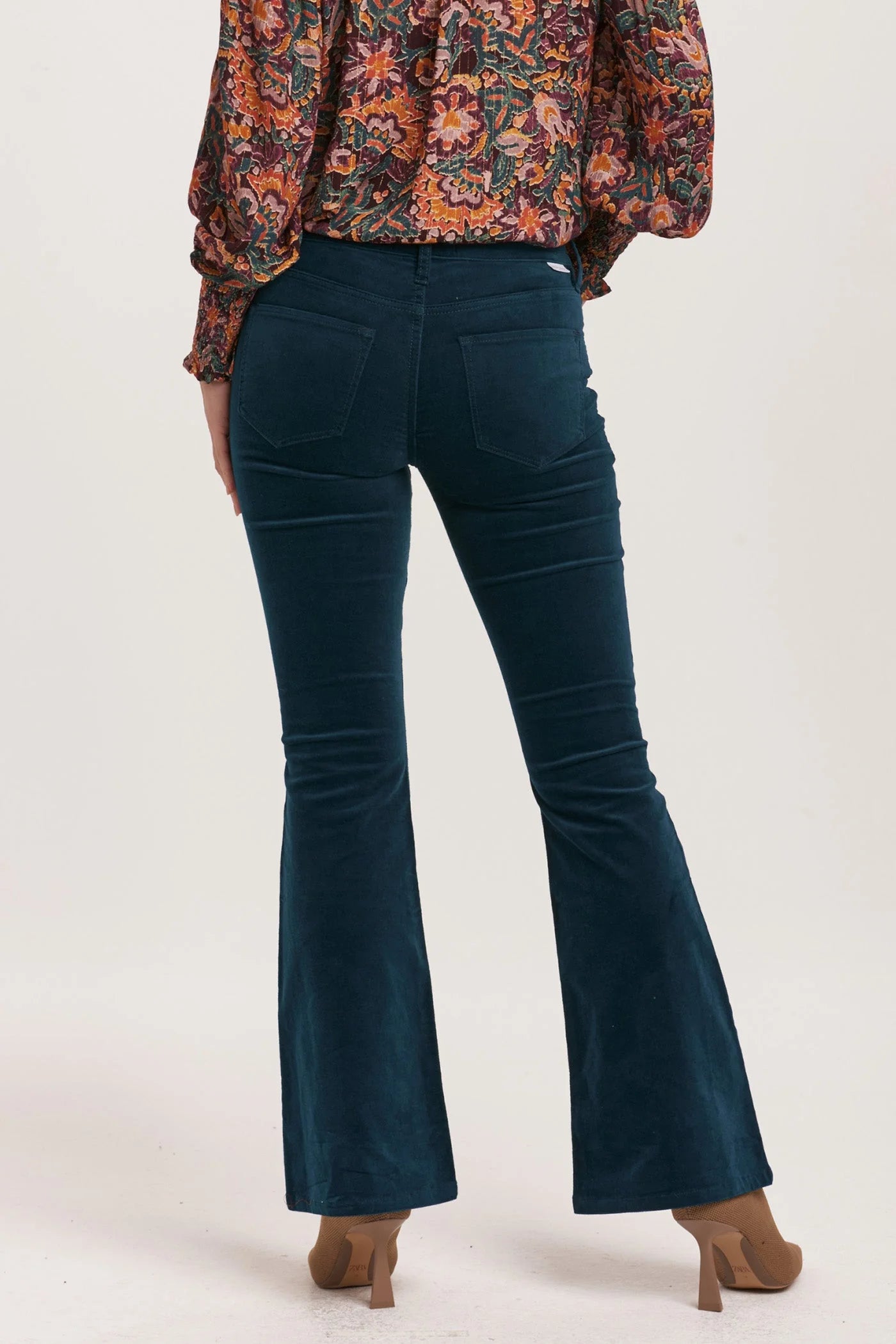 ROSA MID RISE FULL INSEAM FLARE PANTS TEAL VELVETEEN