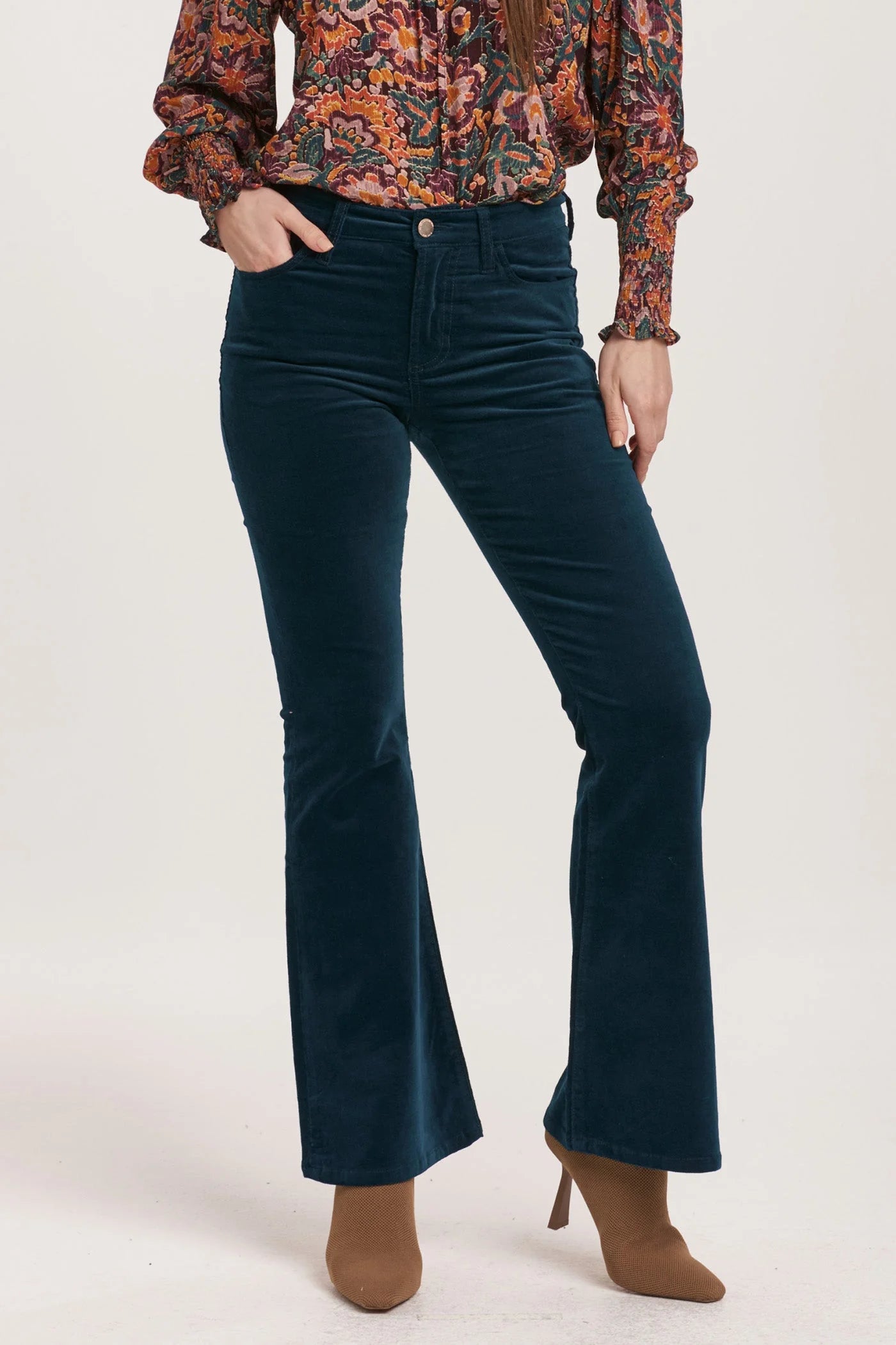 ROSA MID RISE FULL INSEAM FLARE PANTS TEAL VELVETEEN