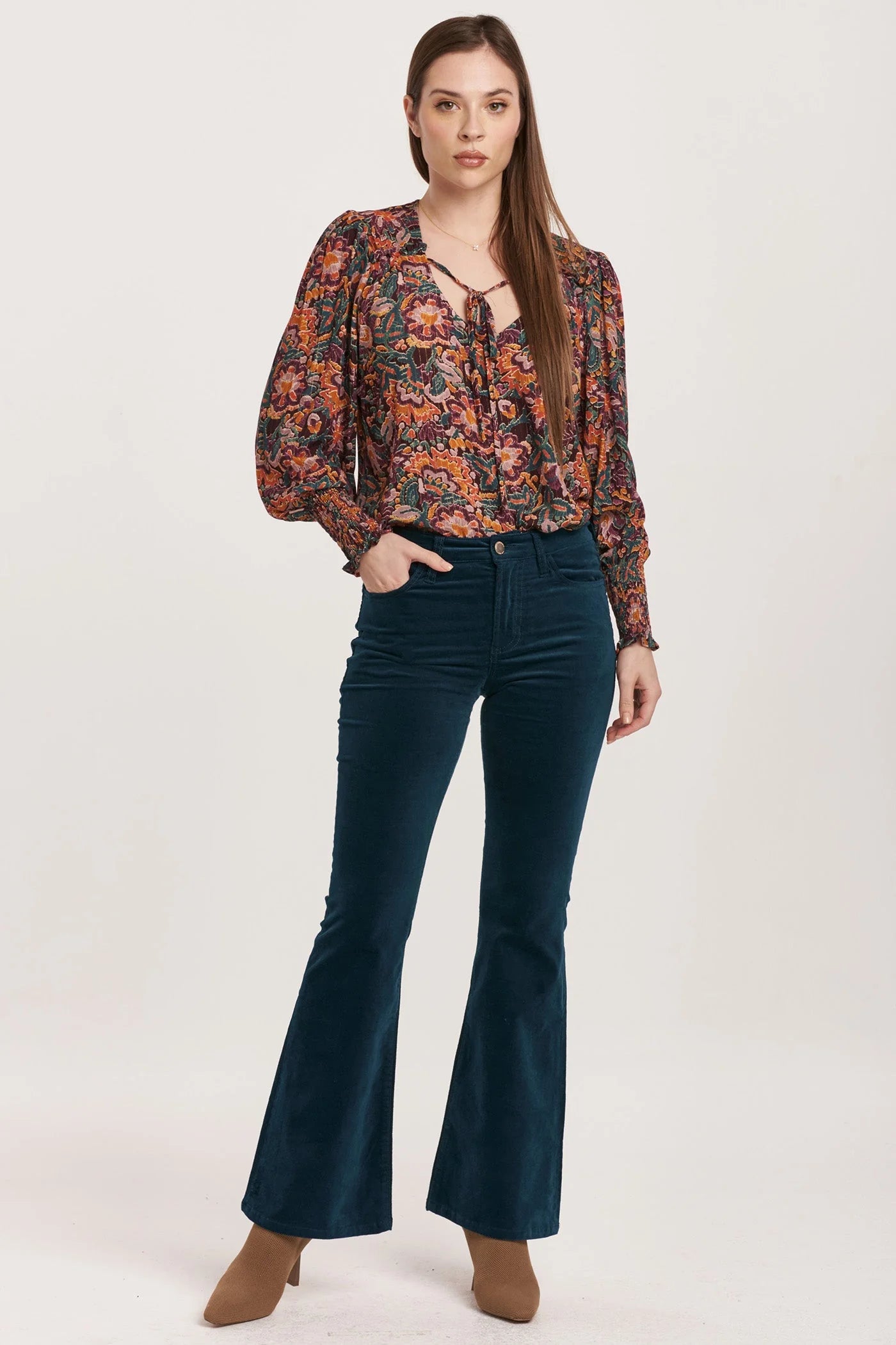 ROSA MID RISE FULL INSEAM FLARE PANTS TEAL VELVETEEN