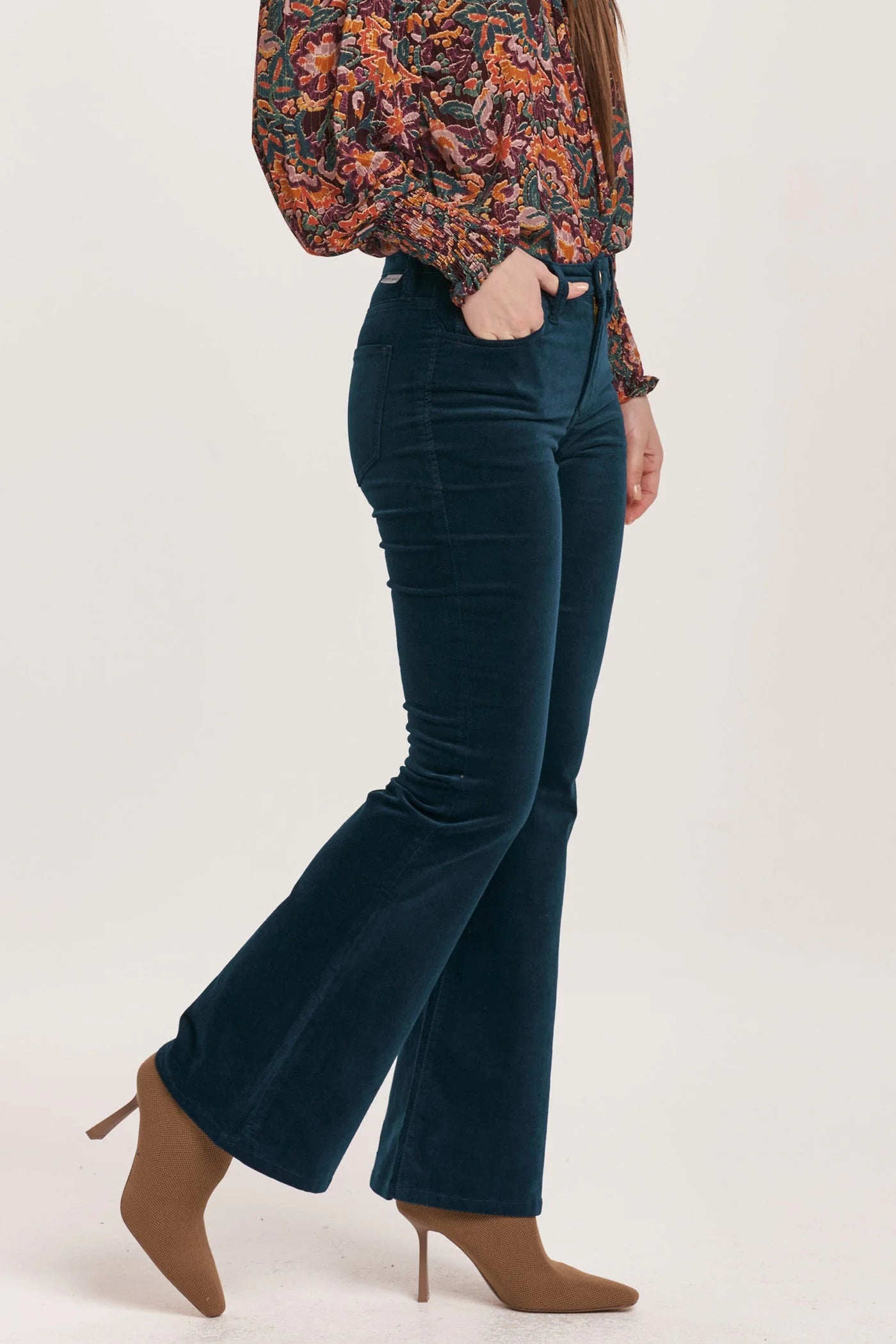 ROSA MID RISE FULL INSEAM FLARE PANTS TEAL VELVETEEN