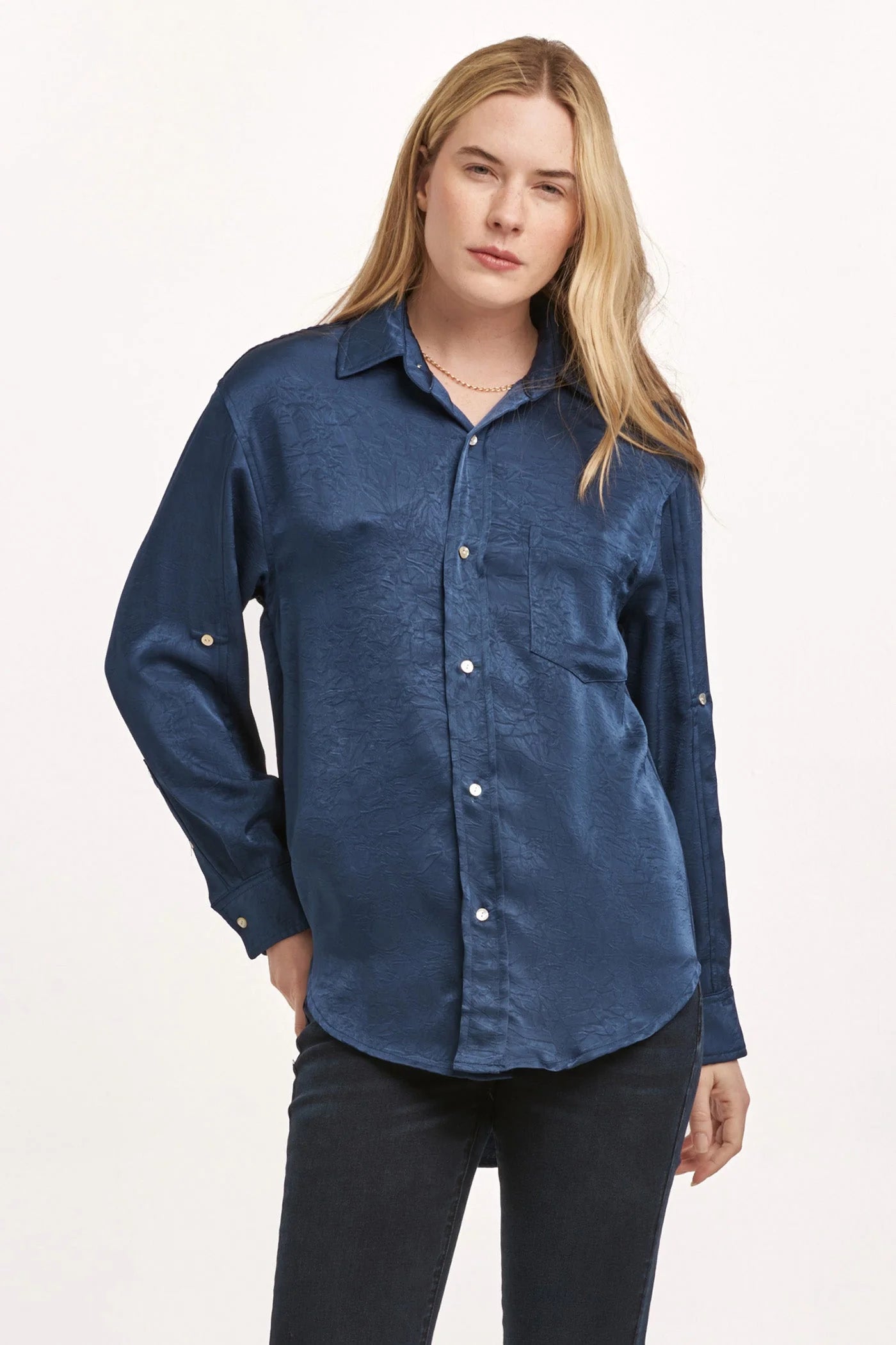 LOLA BUTTON DOWN LONG SLEEVE BOYFRIEND FIT SHIRT NEW BLUE