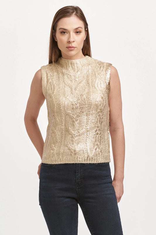 TATIANA CREW NECK SLEEVELESS FITTED SWEATER IVORY WITH ROSE GOLD