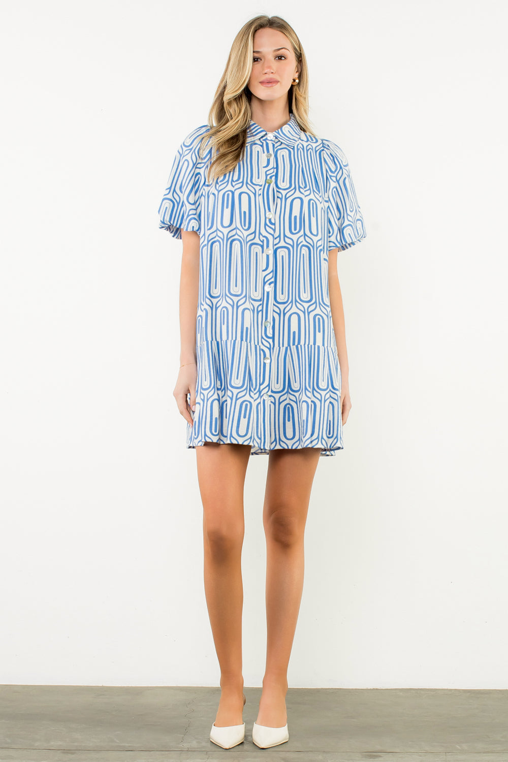PUFF SLEEVE PRINT BUTTON UP DRESS