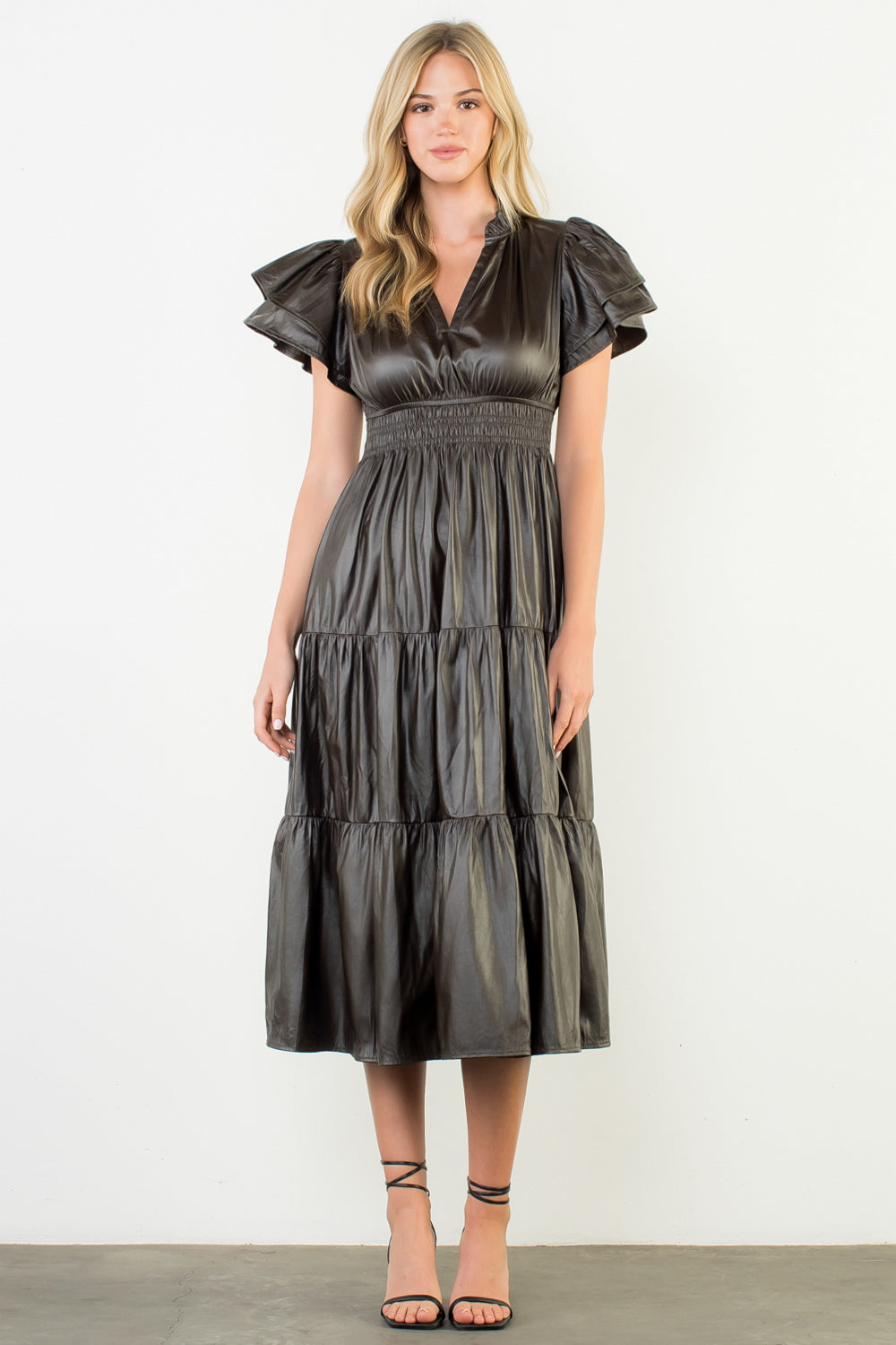 Flutter Sleeve Leather Maxi Dress