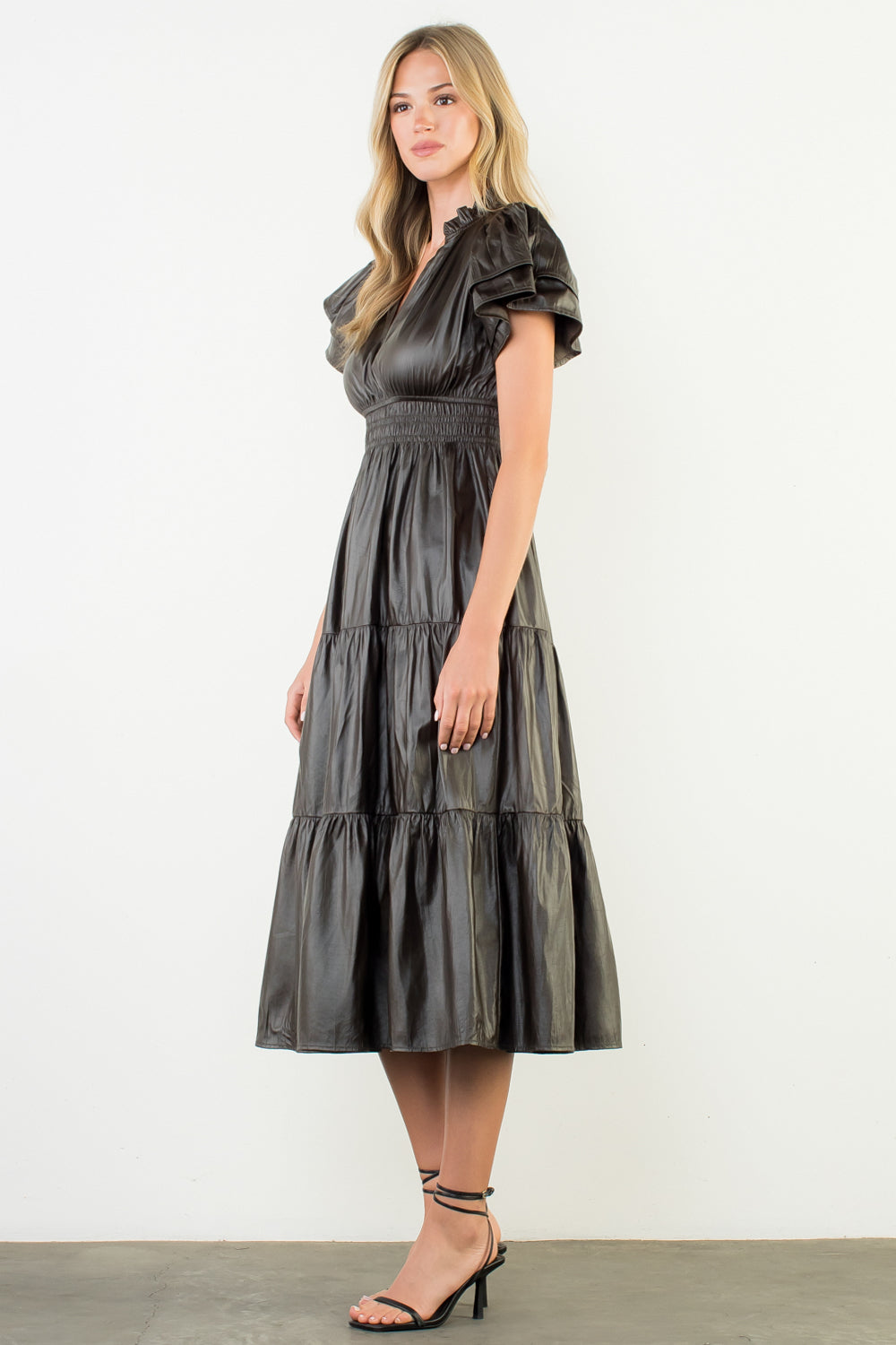 Flutter Sleeve Leather Maxi Dress