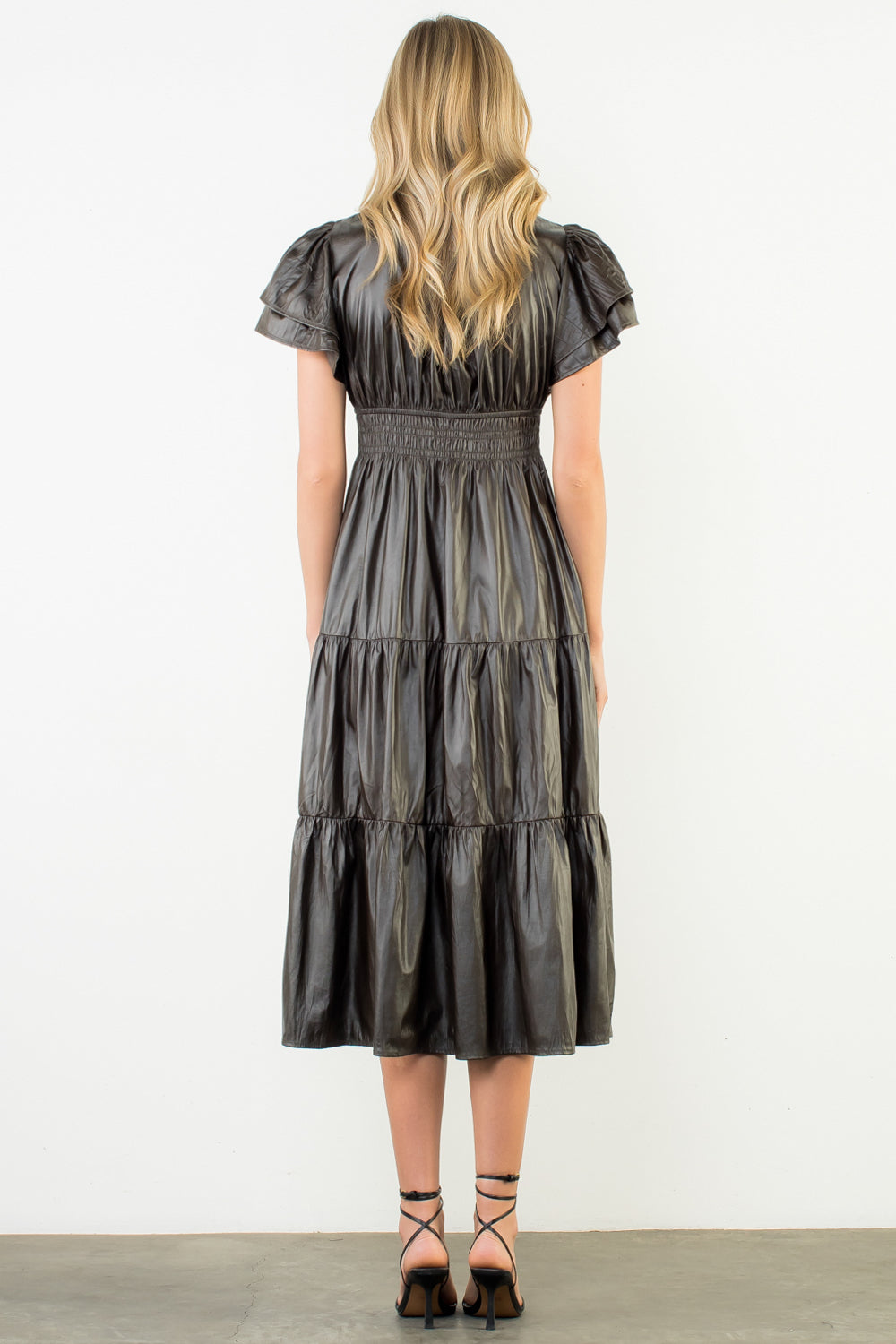 Flutter Sleeve Leather Maxi Dress