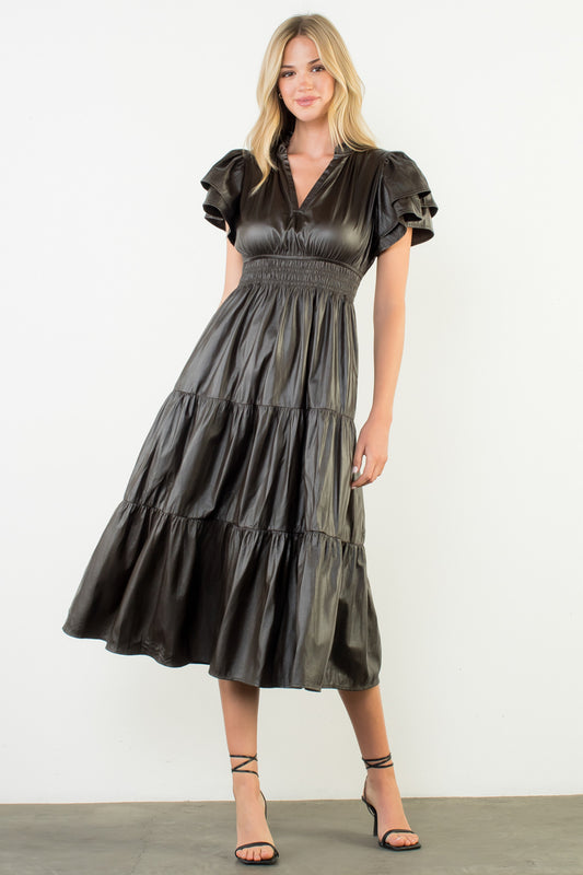 Flutter Sleeve Leather Maxi Dress