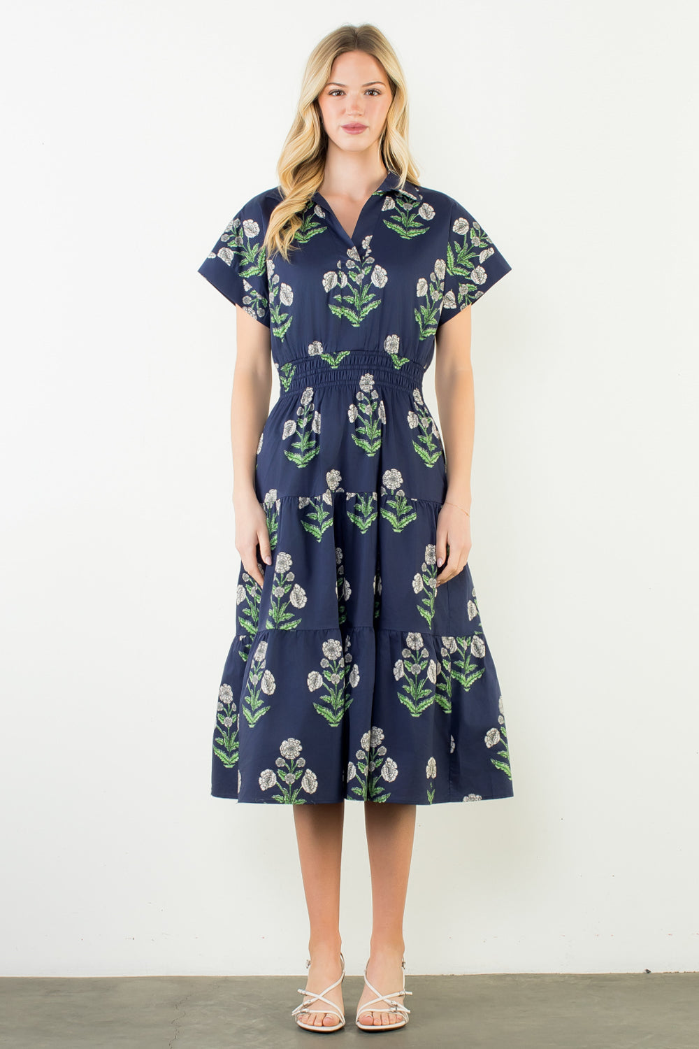 Navy Floral Pattern Midi Dress