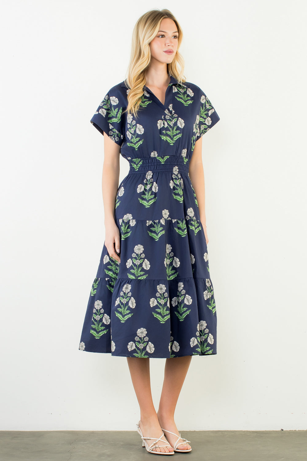 Navy Floral Pattern Midi Dress