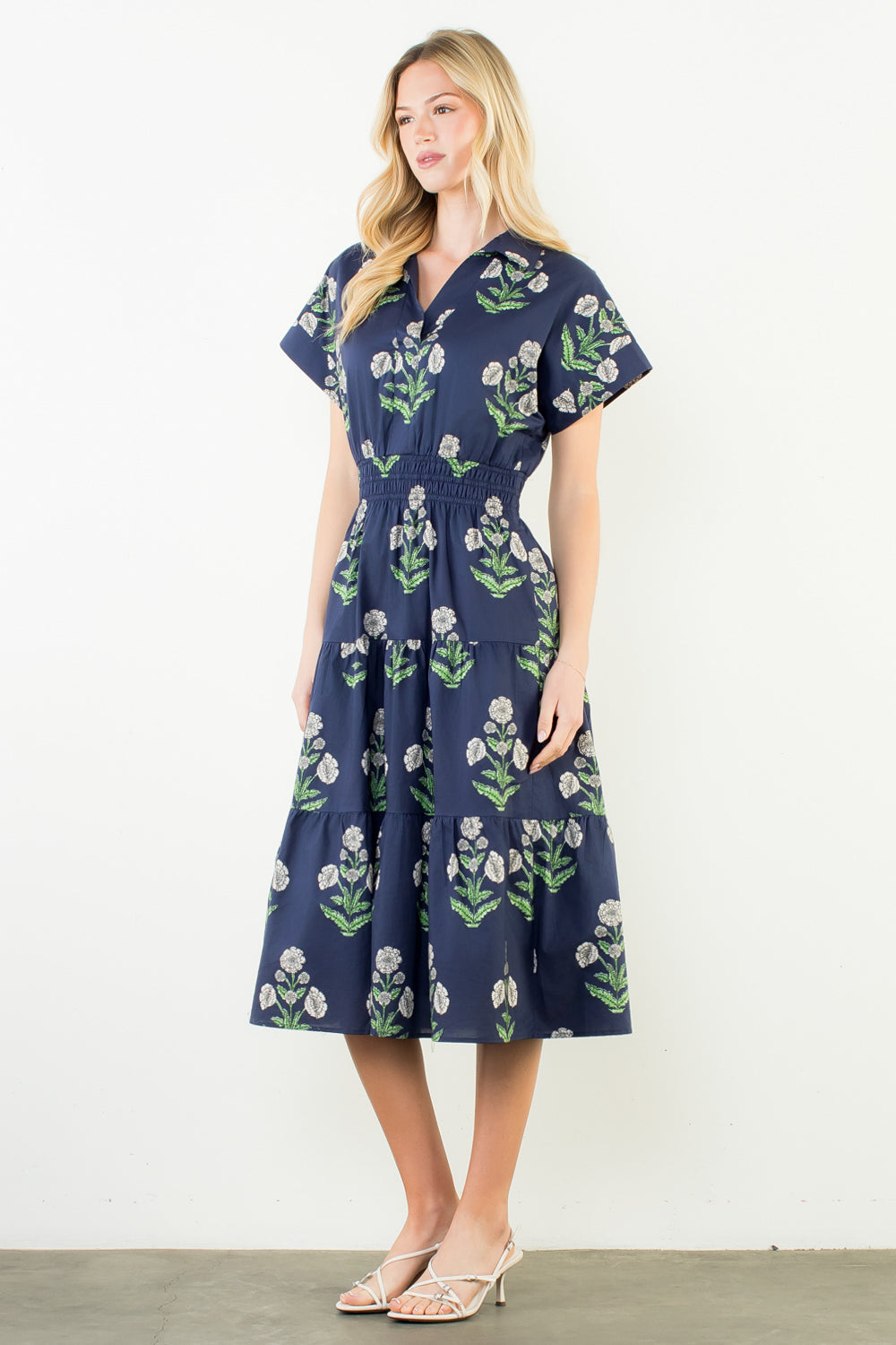 Navy Floral Pattern Midi Dress