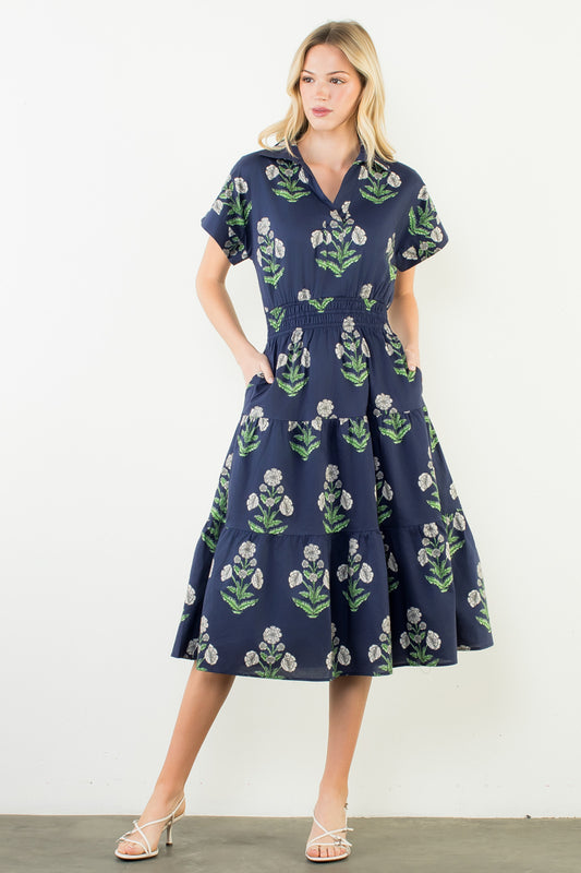 Navy Floral Pattern Midi Dress