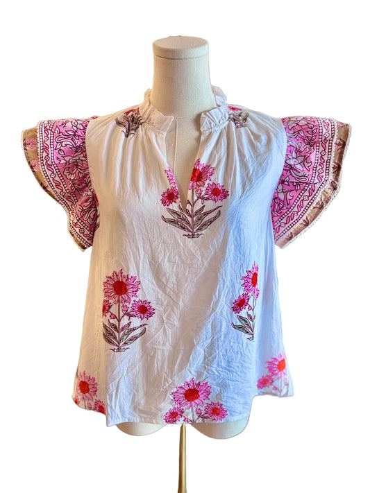 Pink Floral Flutter Sleeve Top